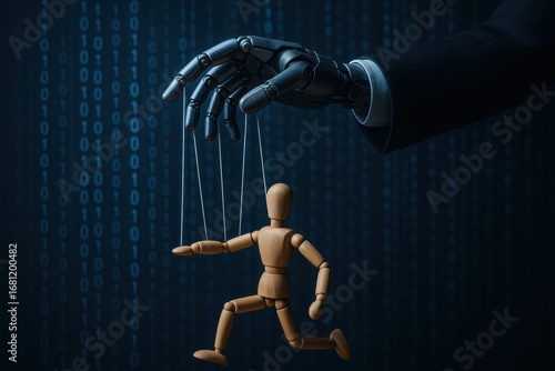 Digital Puppets: An artistic representation of control, featuring a wooden figure manipulated by robotic and human elements against a background of binary code.