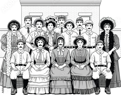People: A retro-style group photo of men and women dressed in late 19th-century or early 20th-century fashion, with a building as the backdrop.