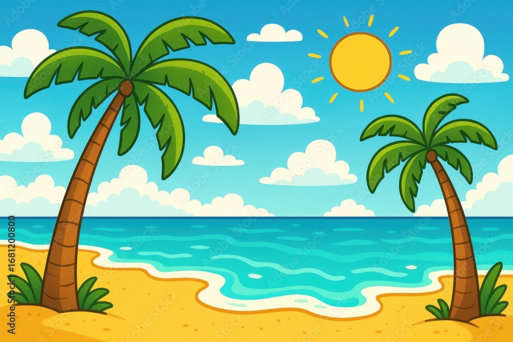 Obraz premium Tropical beach paradise cartoon illustration with palm trees crystal blue water and golden sand for vacation travel marketing