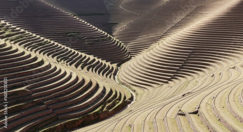 Terraced Hillside Fields in Natural Light with Green Vegetation and Erosion Patterns