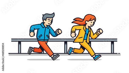 Dynamic Duo: A vibrant illustration of two individuals in mid-stride, racing with purposeful energy, embodying concepts of competition and collaboration.