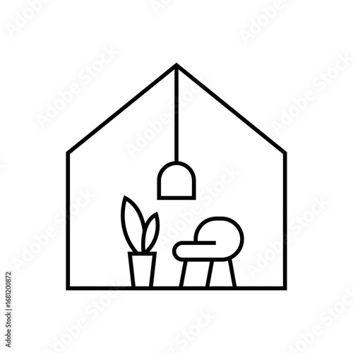 Minimalist Home Interior Line Art Illustration with Plant, Chair, and Lamp