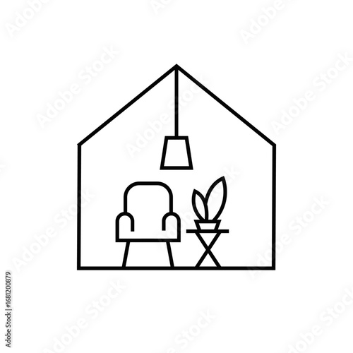 Minimalist Home Interior Line Icon with Armchair and Plant