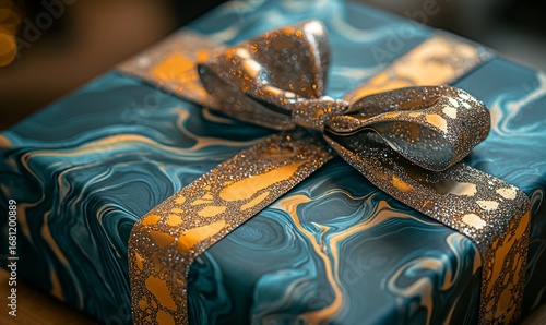 Luxurious Gift Box with Glittering Bow and Swirl Patterned Wrapping Paper