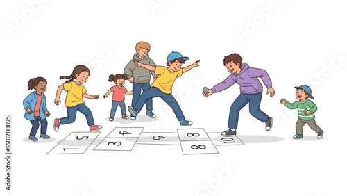 Hopscotch Fun: A group of children joyfully playing hopscotch on a bright sunny day. This vibrant scene captures the essence of childhood joy.