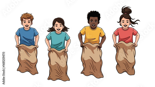 Sack Race Champions: A group of children participates in a joyous sack race, their faces beaming with pure glee as they hop forward