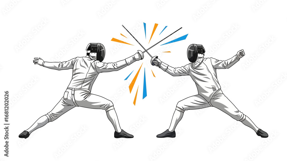 Fototapeta premium Duel of Swords: Two fencers engage in a dynamic, action-packed duel, blades clashing in a vibrant illustration of skill and competition. Showcasing the intensity and precision of the sport.