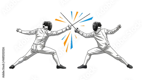Duel of Swords: Two fencers engage in a dynamic, action-packed duel, blades clashing in a vibrant illustration of skill and competition. Showcasing the intensity and precision of the sport.