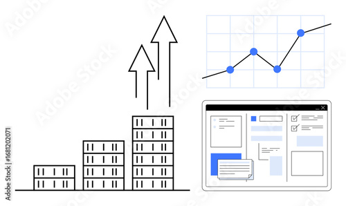 Bar chart, arrows indicating growth, line graph with data points, and modular dashboard. Ideal for business development, financial analysis, economic trends, growth strategy, investment technology