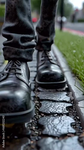 Person's Shoes Walking on a Cobblestone Path with Autumn Leaves and Grass