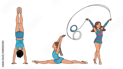 Gymnastic Display: Young gymnast, in a vivid artistic gymnastic, performs a series of captivating poses in a captivating display of gymnastic strength, balance, and precision.