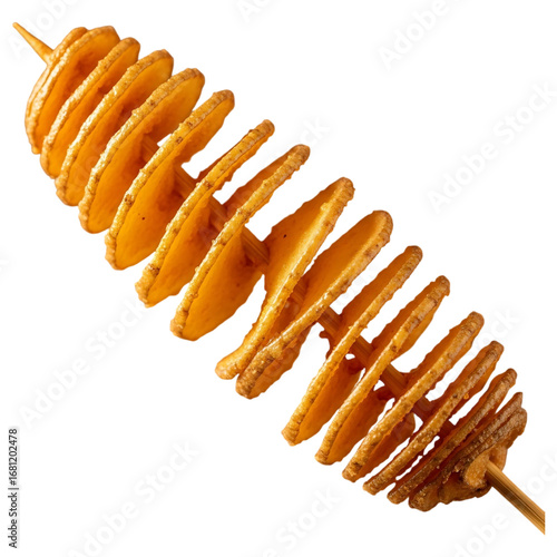 Delicious spiral potato on a stick seasoned with spices against a dark background