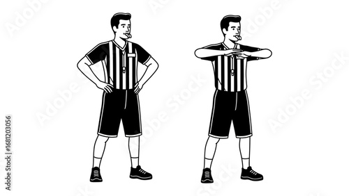 Referee’s Gestures: A monochrome depiction of a referee illustrating sports signals, capturing the essence of game control and decision-making.