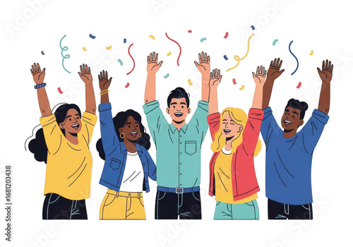 Diverse group of people celebrating with confetti isolated on transparent background