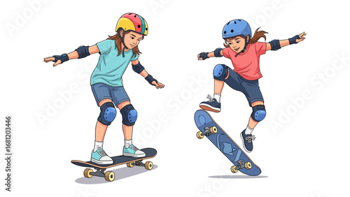 Skateboard Skill Demonstration: Two youthful skaters demonstrate various skills, poised on their skateboards, helmets secured, illustrating movement and athleticism.