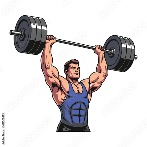 Strength Ascendant: A muscular figure lifts a heavy barbell overhead, showcasing peak physical condition and relentless dedication, radiating power, fitness, and a strong sense of triumph.