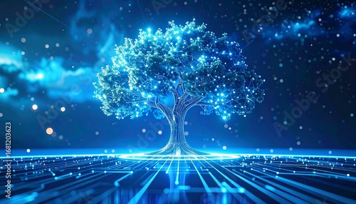 Digital tree in futuristic space, Generated with AI.