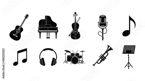 Harmonious Instruments Silhouette: A collection of meticulously crafted silhouettes of musical instruments, including a grand piano, guitar, cello, microphone, notes, headphones, drum, trumpet.