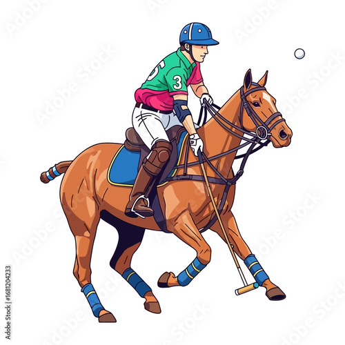 Polo Player on Horseback: Dynamic illustration captures a polo player in full action, mounted on a powerful horse, poised to strike the ball with skillful precision.