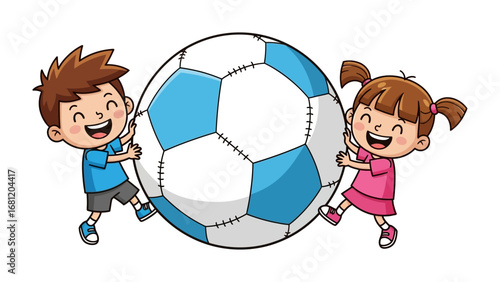 Joyful Game: Capturing the innocent exuberance of childhood, two smiling children embrace a soccer ball, perfectly illustrating the thrill of games and the magic of fun