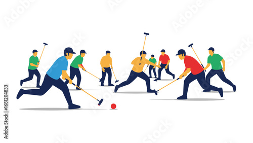 Polo Players Action: Dynamic illustration captures polo players in full swing, engaged in a spirited match, skillfully maneuvering their mallets to strike the ball, showcasing the thrill of the sport.