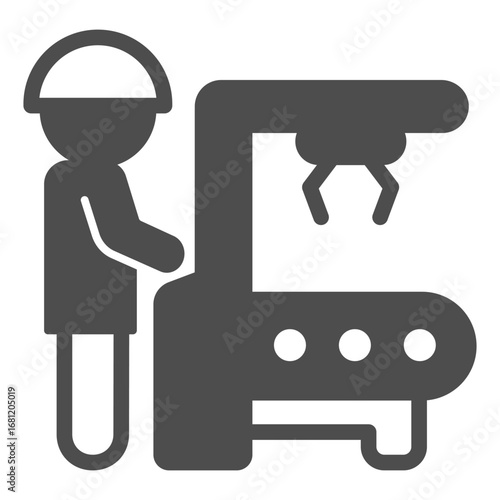 Man at conveyor control panel with robotic arm solid icon, manufacturing concept, worker, robot claw sign on white background, glyph style icon for mobile and web design. Vector graphics.