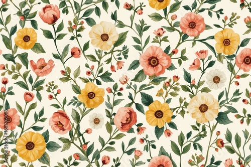 Continuous floral design inspired by a vibrant meadow in full bloom during warm seasons. Ideal backdrop for textiles, wallpapers, and prints. Cream, yellow, pink, and white blossoms on a soft cream