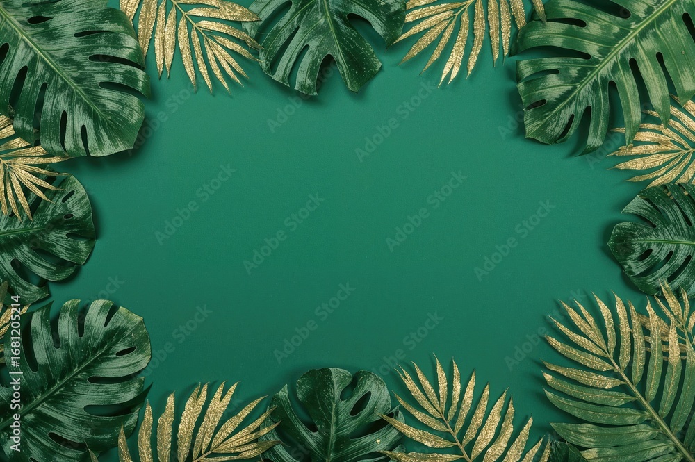 Naklejka premium Creative arrangement of gold-painted date palm and monstera leaves on a deep green backdrop, flat lay style. Elegant floral minimal design wedding border with space for text.