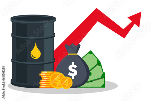 Oil barrel with arrow rising up and dollar money bag. Oil price vector illustration.
