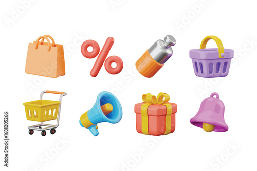 Collection of 3d shopping and sale icons on white background