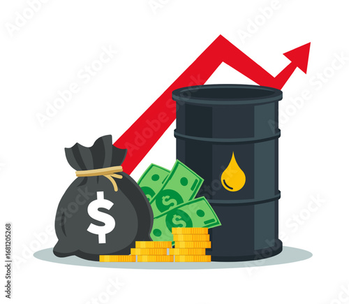 Oil price increase - vector illustration. Oil barrel with money and red arrow.