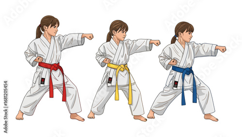 Karate Kids' Stance: A trio of young martial artists demonstrate the fundamental stances and moves of karate, each adorned in colorful belts.