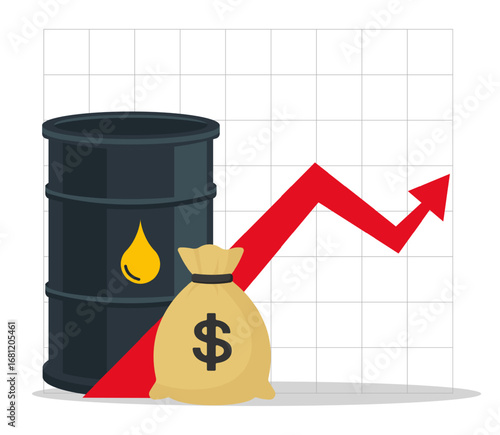Money bag and oil barrel. Oil prices rising up - vector illustration.