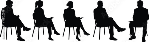 Business meeting silhouettes, seated professionals, interview panel, corporate discussion, formal attire, teamwork concept, communication scene, workplace interaction, office group