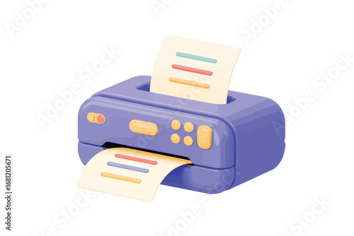 Cute cartoon purple printer printing colorful paper