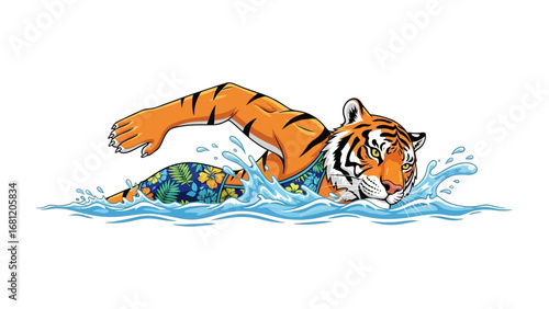 Tiger Swimming: A striking illustration captures a tiger gracefully swimming through vibrant water. This image exudes both strength and serenity.