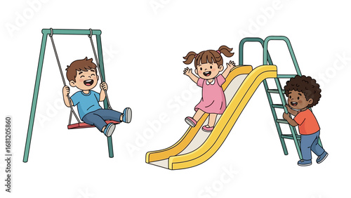 Joyful Playtime on the Playground: Energetic children delight in carefree recreation, as they experience laughter and fun together in a vibrant playground setting.