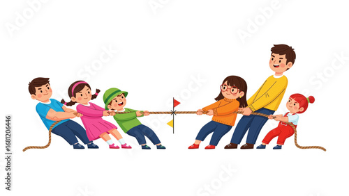 Tug-of-War: A group of children and an adult engaged in an enthusiastic game of tug-of-war on a bright, sunlit day, symbolizing teamwork and friendly competition.
