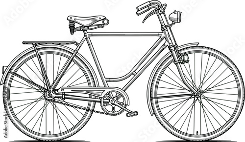 Bicycle: A detailed line art illustration of a classic vintage bicycle with fenders and a spring seat, in a clean, hand-drawn sketch style.