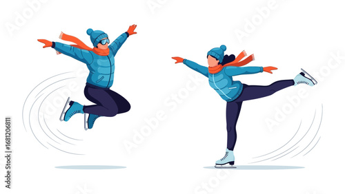 Graceful Ice Skating: Capturing the poise and dynamism of ice skating, the image features two figures. One gracefully leaps, arms outstretched.