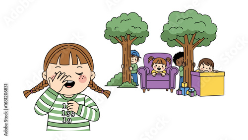 Hide-and-Seek Fun: A young girl covers her eyes, ready to start a playful game of hide-and-seek, while her friends prepare their hiding spots.