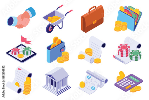 Isometric financial icons representing wealth growth and business concepts