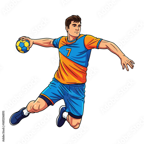 Handball Athlete in Action: A dynamic illustration captures a focused handball player in mid-air, poised to execute a powerful throw, showcasing athleticism and determination. 