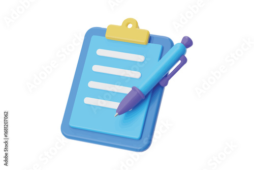 3d illustration of a blue clipboard with a pen and checklist