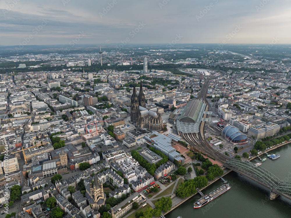 Fototapeta premium Panorama View of Cologne City in Germany. Drone, 4k