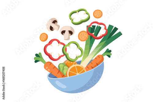 Fresh vegetables and mushrooms falling into a blue bowl for healthy cooking