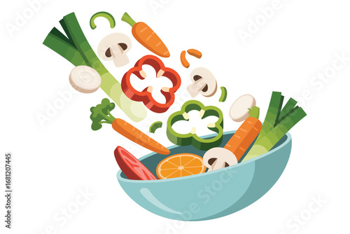 Fresh vegetables falling into a bowl for healthy eating and cooking