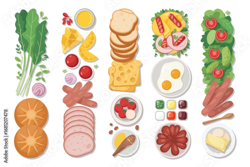 A variety of breakfast foods and ingredients arranged in vertical rows