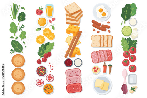 Variety of breakfast foods and ingredients arranged in vertical columns