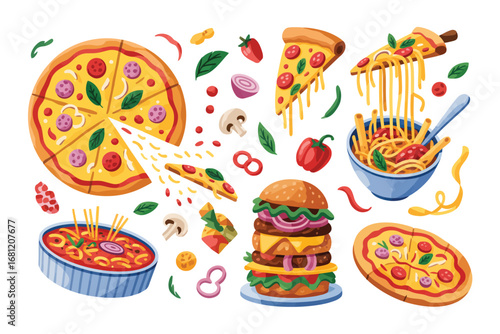 Delicious assortment of italian food and fast food favorites